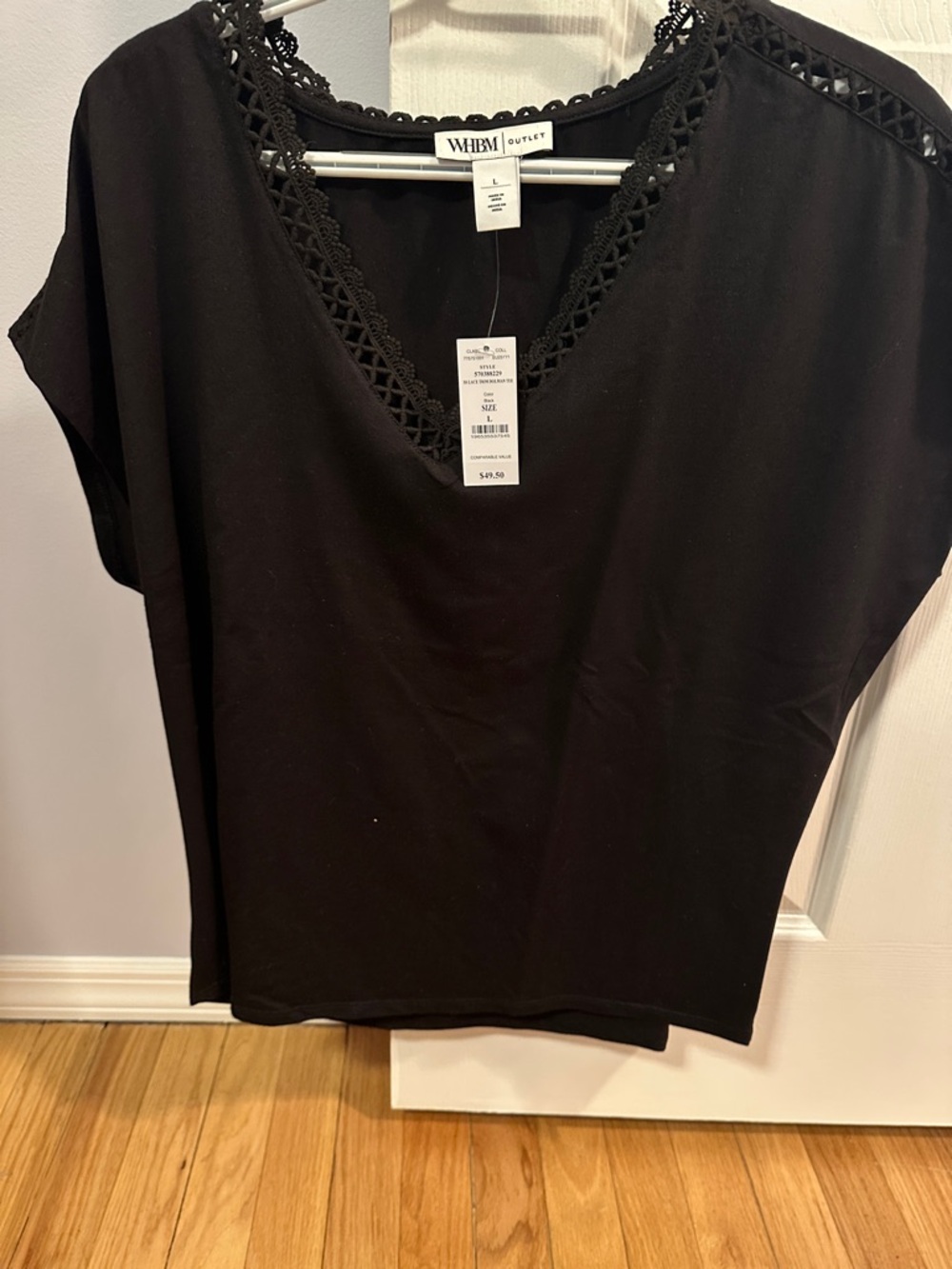 White House Black Market Black V-Neck Crochet Trim Short Sleeve Top